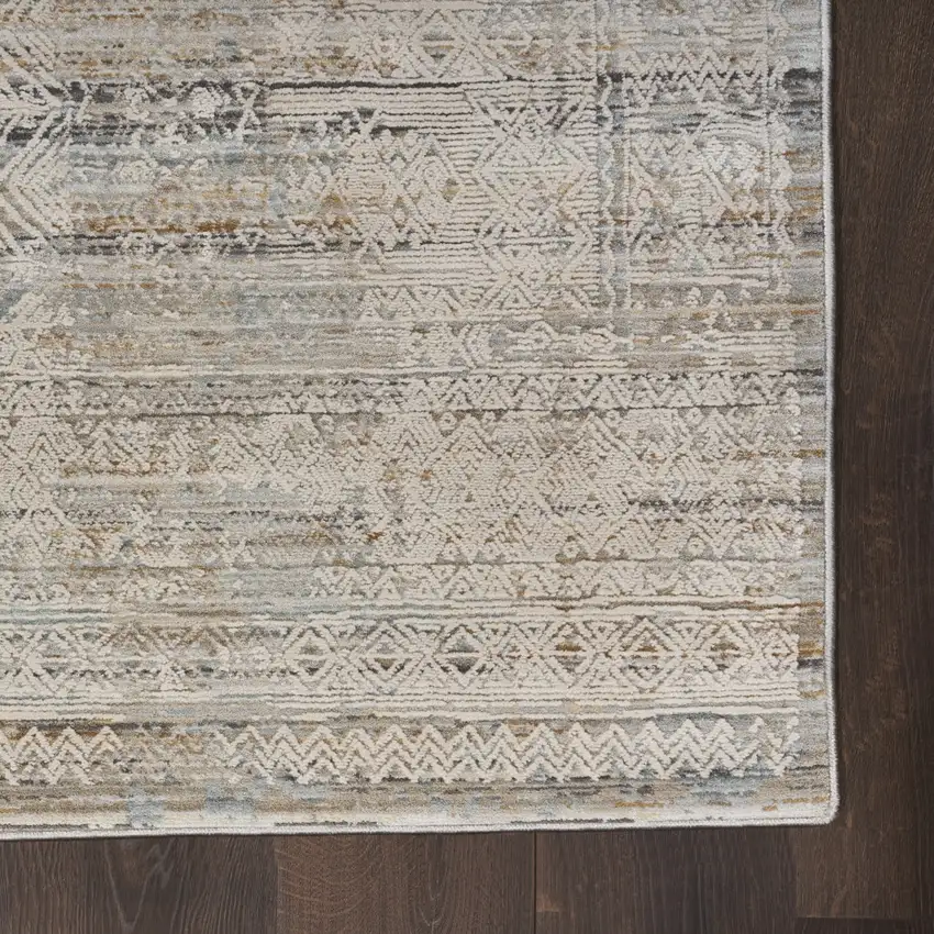 10' Ivory Brown And Gray Geometric Distressed Runner Rug With Fringe Photo 8