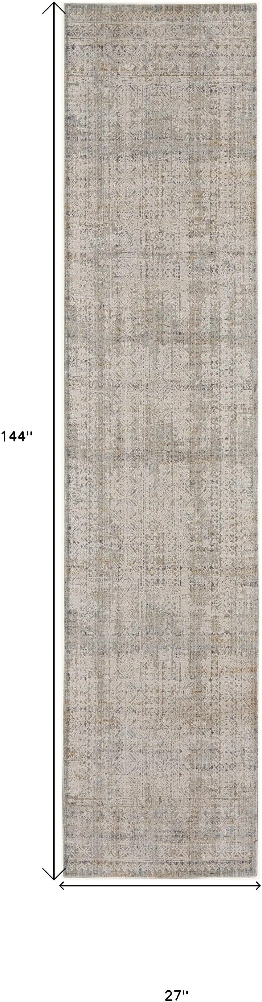 12' Ivory Brown And Gray Geometric Distressed Runner Rug With Fringe Photo 3
