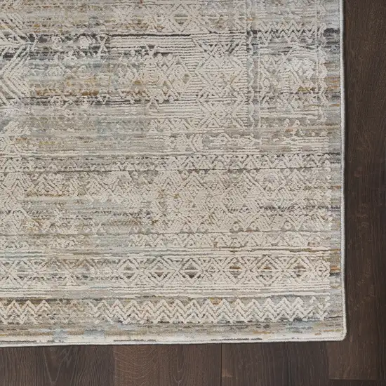 12' Ivory Brown And Gray Geometric Distressed Runner Rug With Fringe Photo 7