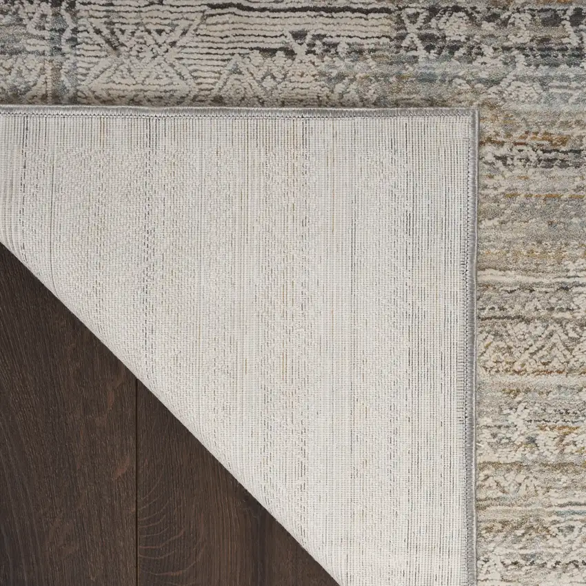 12' Ivory Brown And Gray Geometric Distressed Runner Rug With Fringe Photo 9