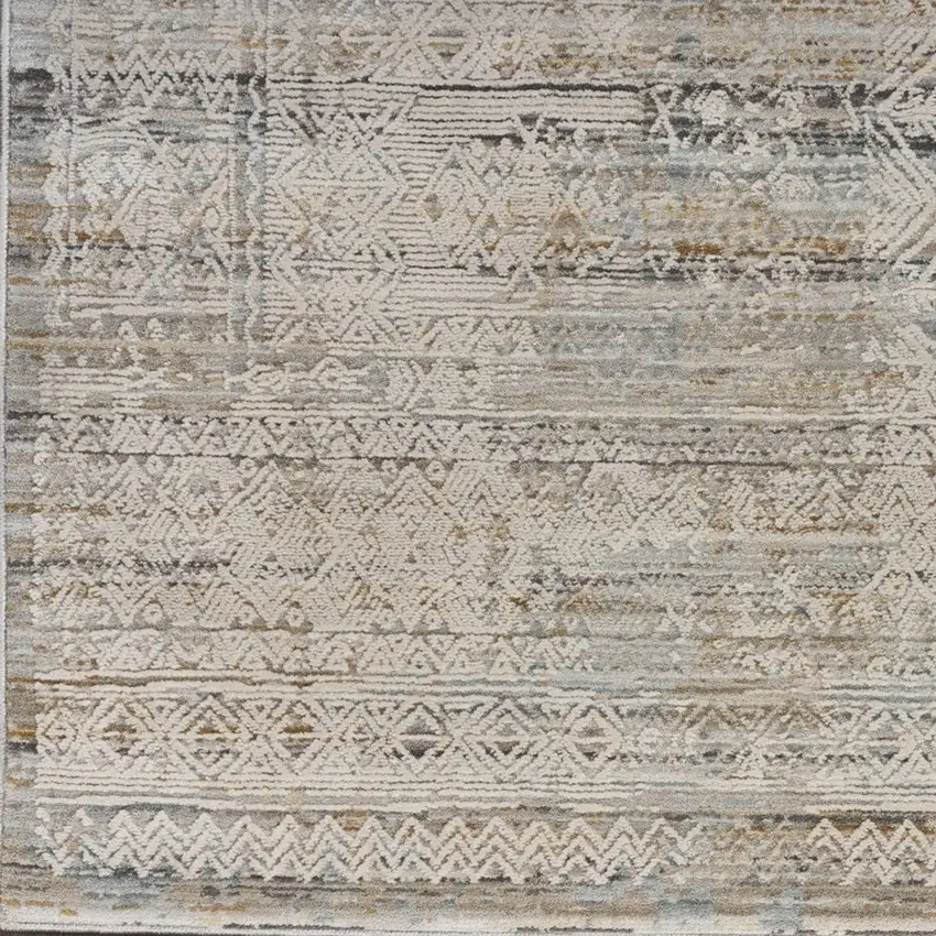 12' Ivory Brown And Gray Geometric Distressed Runner Rug With Fringe Photo 6