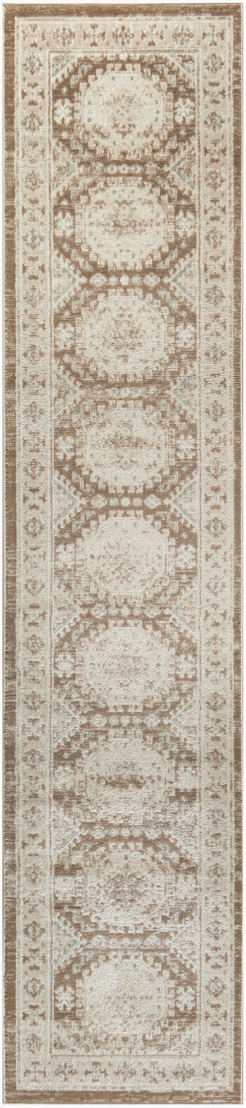 8' Ivory Brown And Gray Geometric Distressed Runner Rug Photo 3