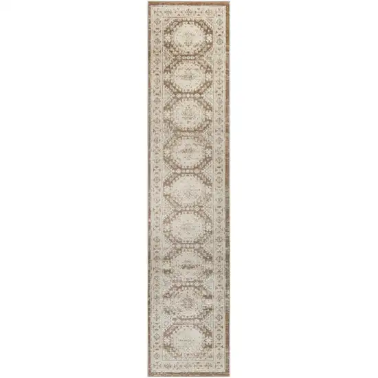 8' Ivory Brown And Gray Geometric Distressed Runner Rug Photo 2