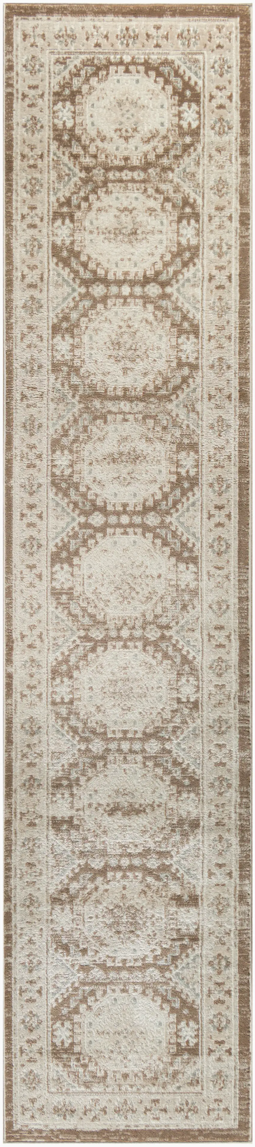 8' Ivory Brown And Gray Geometric Distressed Runner Rug Photo 2