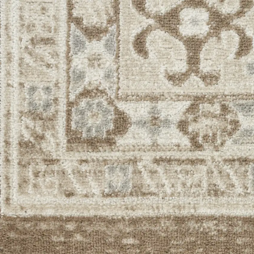 8' Ivory Brown And Gray Geometric Distressed Runner Rug Photo 6