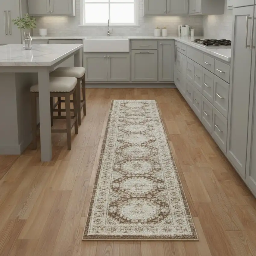 8' Ivory Brown And Gray Geometric Distressed Runner Rug Photo 1