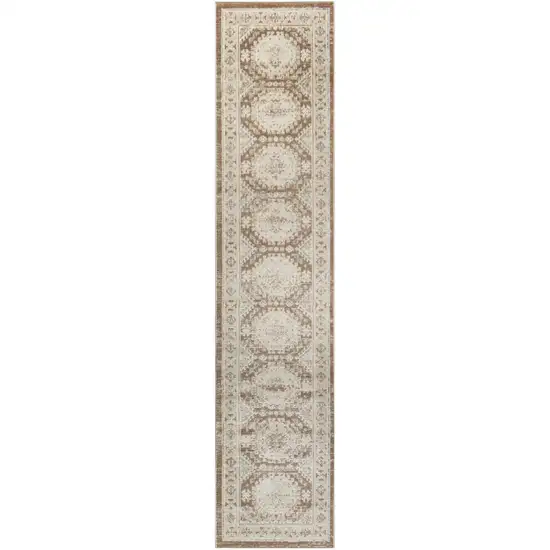 8' Ivory Brown And Gray Geometric Distressed Runner Rug Photo 4