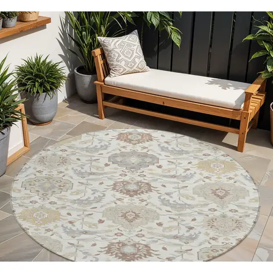 8' Ivory Brown And Gray Round Damask Washable Indoor Outdoor Area Rug Photo 1