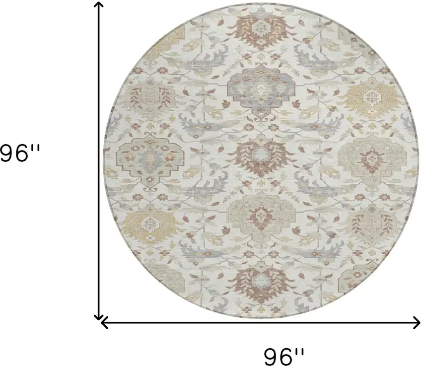8' Ivory Brown And Gray Round Damask Washable Indoor Outdoor Area Rug Photo 3