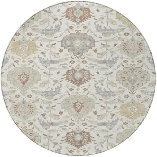 8' Ivory Brown And Gray Round Damask Washable Indoor Outdoor Area Rug Photo 6