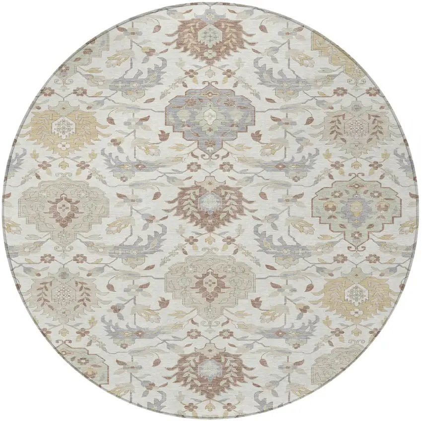8' Ivory Brown And Gray Round Damask Washable Indoor Outdoor Area Rug Photo 6