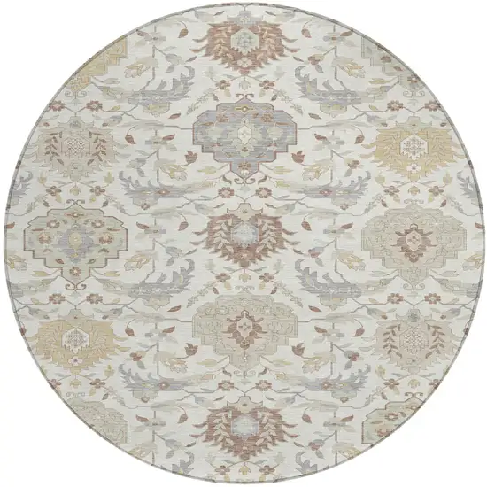 8' Ivory Brown And Gray Round Damask Washable Indoor Outdoor Area Rug Photo 2