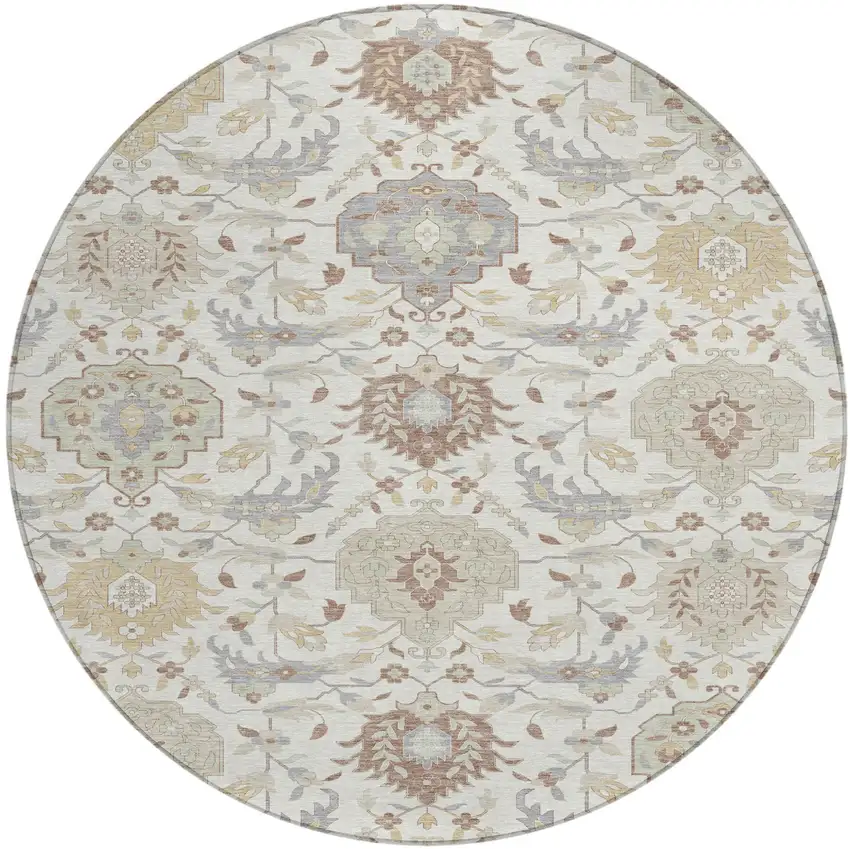 8' Ivory Brown And Gray Round Damask Washable Indoor Outdoor Area Rug Photo 2