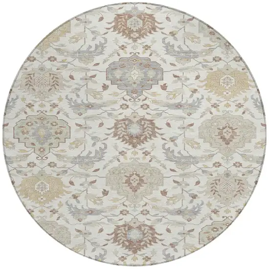 8' Ivory Brown And Gray Round Damask Washable Indoor Outdoor Area Rug Photo 5