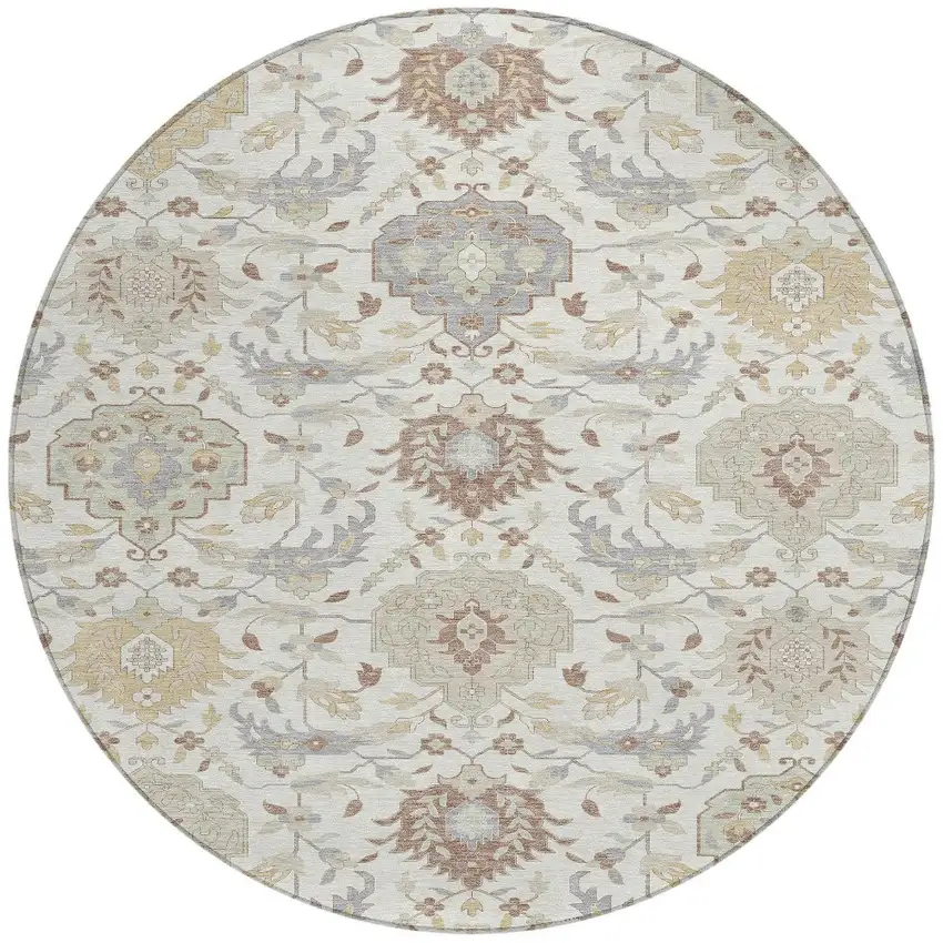 8' Ivory Brown And Gray Round Damask Washable Indoor Outdoor Area Rug Photo 5