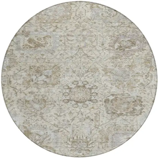 8' Ivory Brown And Gray Round Damask Washable Indoor Outdoor Area Rug Photo 2