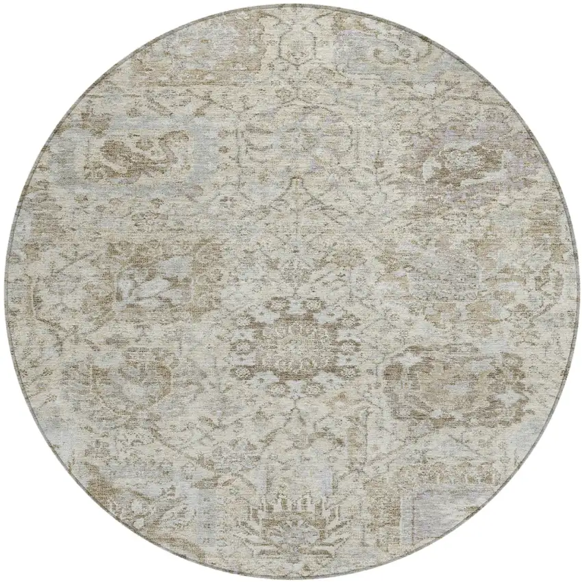 8' Ivory Brown And Gray Round Damask Washable Indoor Outdoor Area Rug Photo 2