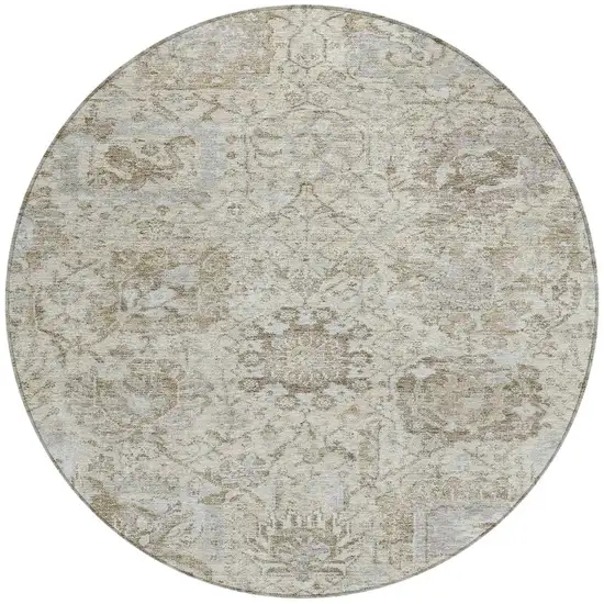 8' Ivory Brown And Gray Round Damask Washable Indoor Outdoor Area Rug Photo 6