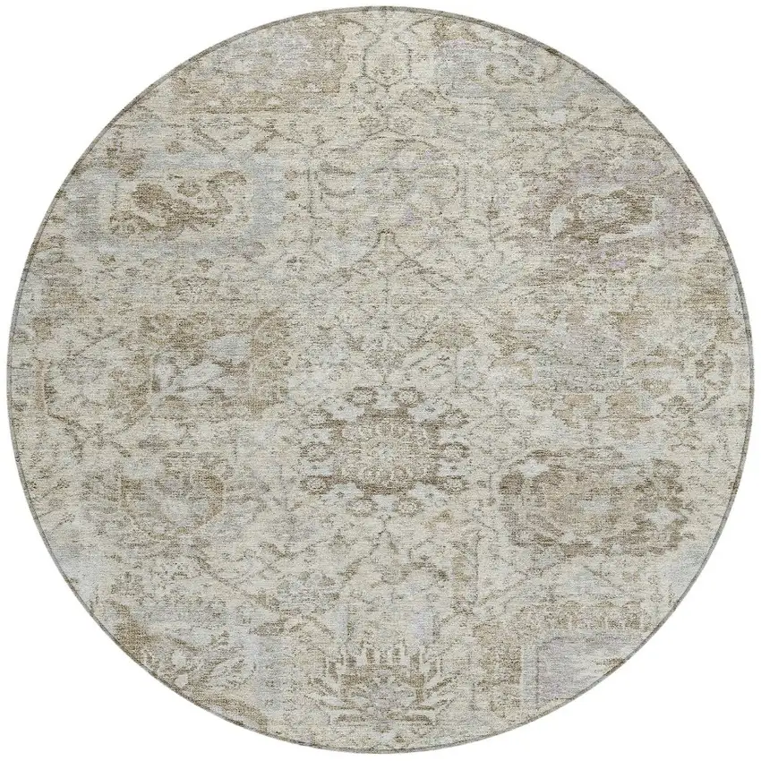 8' Ivory Brown And Gray Round Damask Washable Indoor Outdoor Area Rug Photo 6