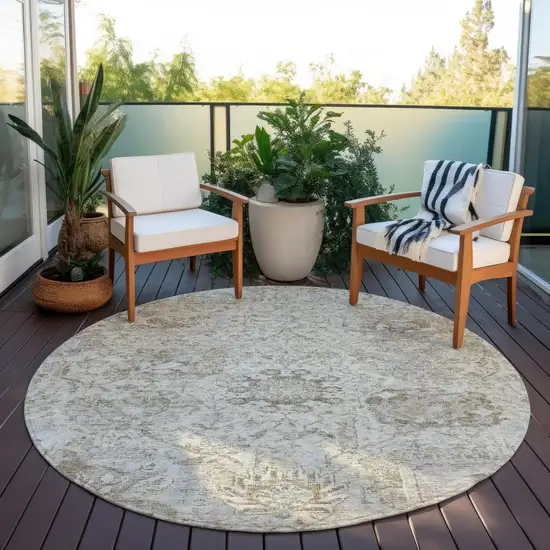 8' Ivory Brown And Gray Round Damask Washable Indoor Outdoor Area Rug Photo 7