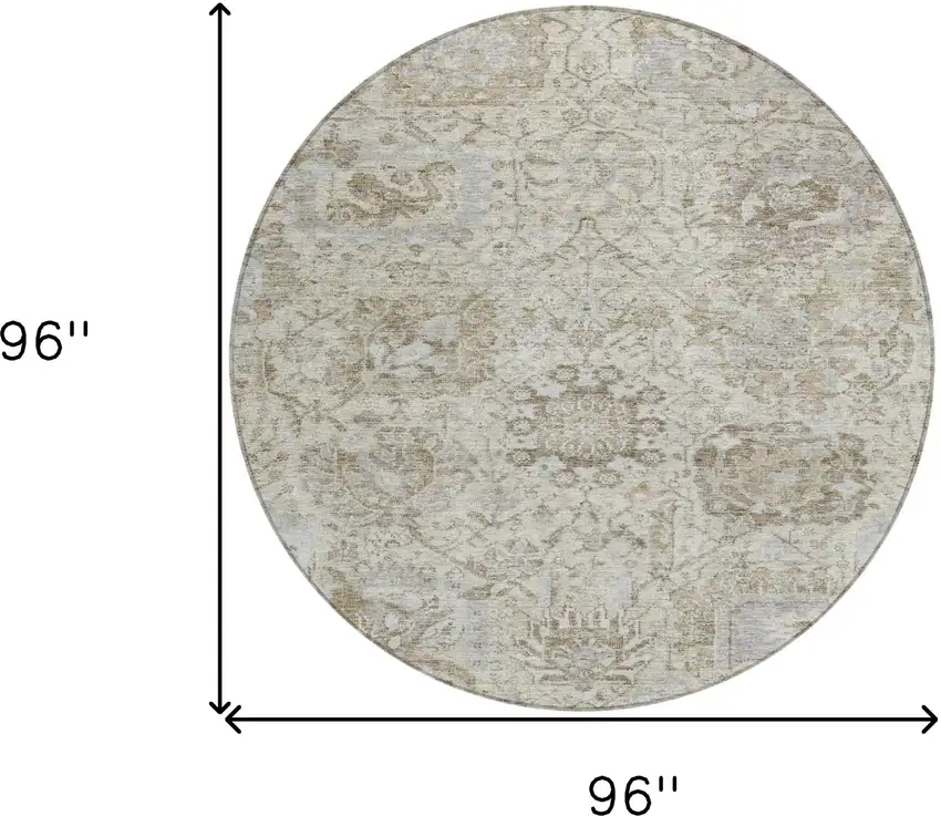 8' Ivory Brown And Gray Round Damask Washable Indoor Outdoor Area Rug Photo 9