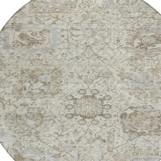 8' Ivory Brown And Gray Round Damask Washable Indoor Outdoor Area Rug Photo 5