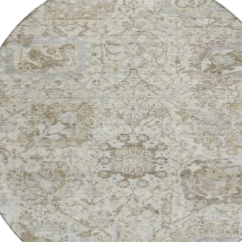 8' Ivory Brown And Gray Round Damask Washable Indoor Outdoor Area Rug Photo 5