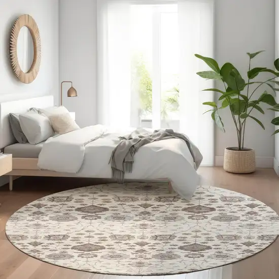 8' Ivory Brown And Gray Round Floral Washable Indoor Outdoor Area Rug Photo 8