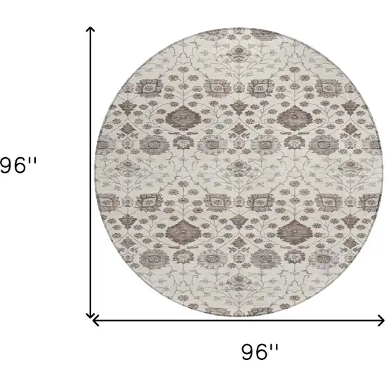 8' Ivory Brown And Gray Round Floral Washable Indoor Outdoor Area Rug Photo 9