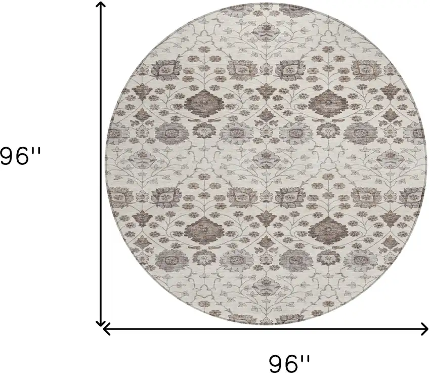 8' Ivory Brown And Gray Round Floral Washable Indoor Outdoor Area Rug Photo 9