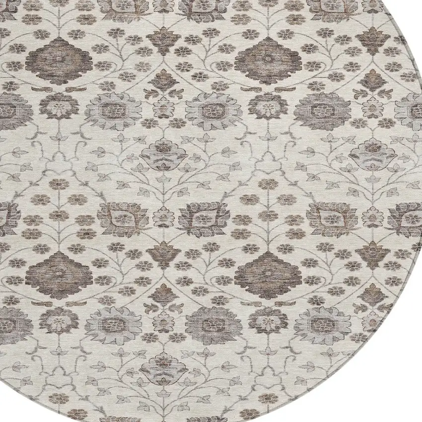 8' Ivory Brown And Gray Round Floral Washable Indoor Outdoor Area Rug Photo 6