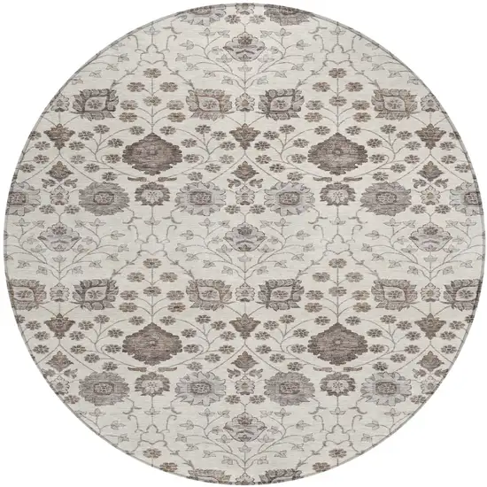 8' Ivory Brown And Gray Round Floral Washable Indoor Outdoor Area Rug Photo 2