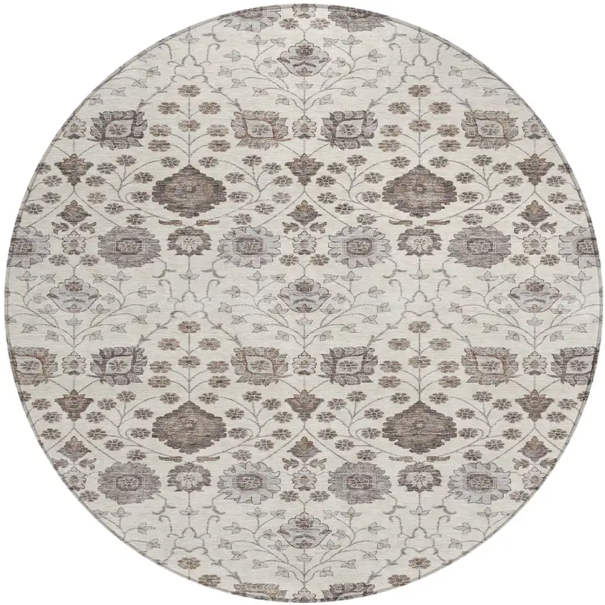 8' Ivory Brown And Gray Round Floral Washable Indoor Outdoor Area Rug Photo 2