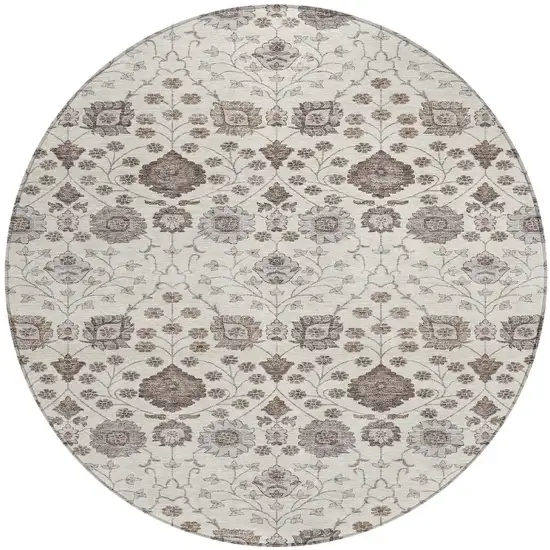 8' Ivory Brown And Gray Round Floral Washable Indoor Outdoor Area Rug Photo 3