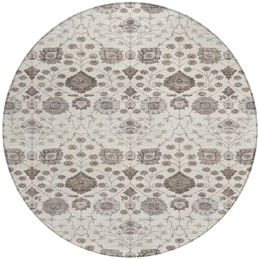 8' Ivory Brown And Gray Round Floral Washable Indoor Outdoor Area Rug Photo 3