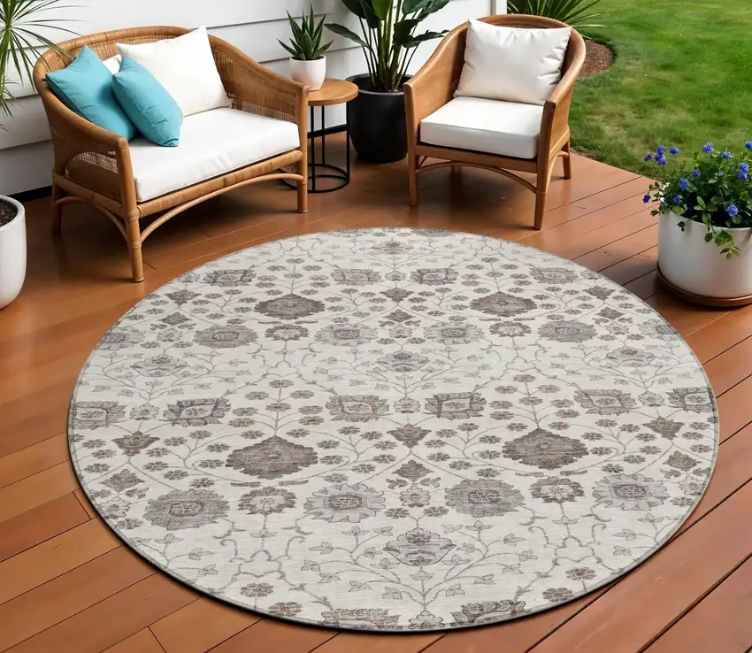 8' Ivory Brown And Gray Round Floral Washable Indoor Outdoor Area Rug Photo 1