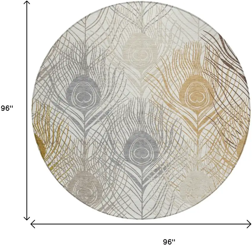 8' Ivory Brown And Gray Round Floral Washable Indoor Outdoor Area Rug Photo 3