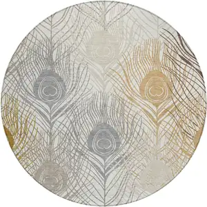 Photo of 8' Ivory Brown And Gray Round Floral Washable Indoor Outdoor Area Rug