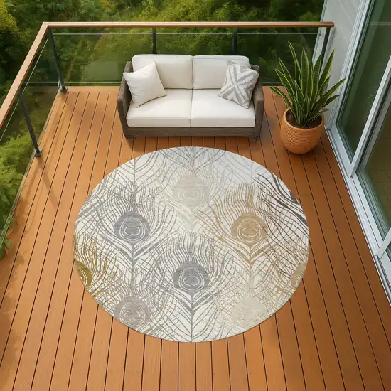 8' Ivory Brown And Gray Round Floral Washable Indoor Outdoor Area Rug Photo 8