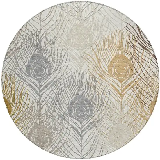 8' Ivory Brown And Gray Round Floral Washable Indoor Outdoor Area Rug Photo 4