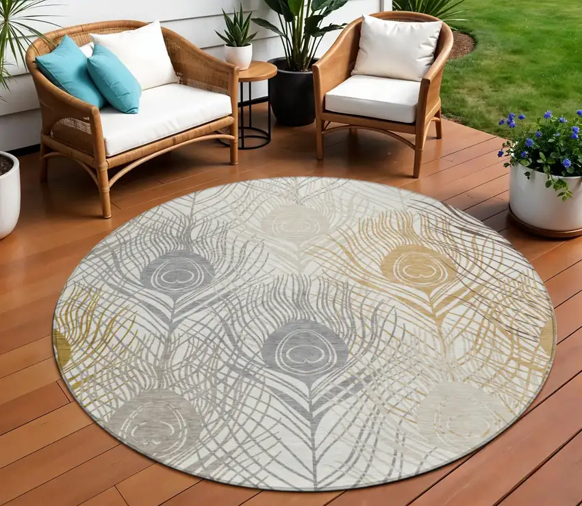 8' Ivory Brown And Gray Round Floral Washable Indoor Outdoor Area Rug Photo 1