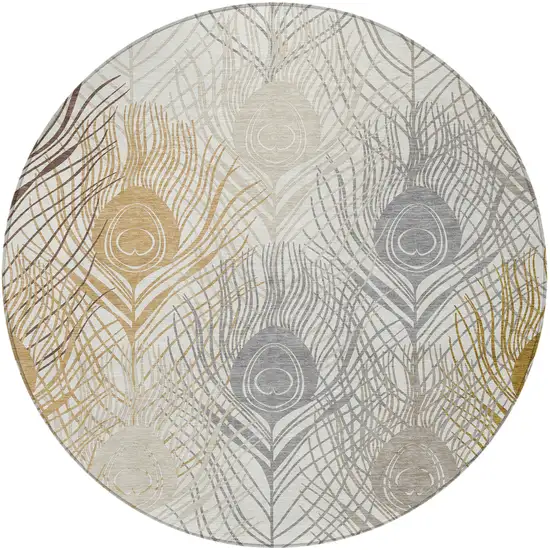 8' Ivory Brown And Gray Round Floral Washable Indoor Outdoor Area Rug Photo 5