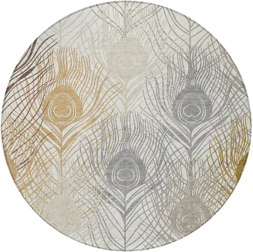 8' Ivory Brown And Gray Round Floral Washable Indoor Outdoor Area Rug Photo 5