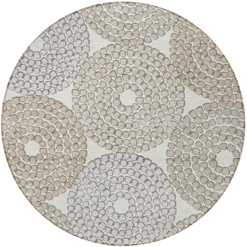 8' Ivory Brown And Gray Round Geometric Washable Indoor Outdoor Area Rug Photo 7