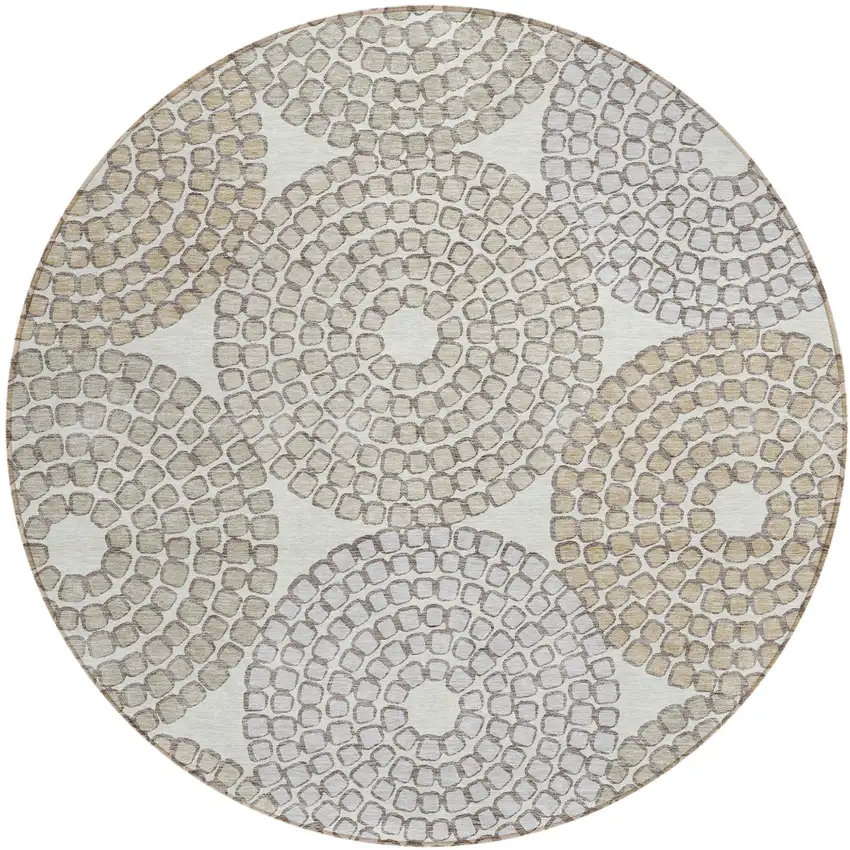 8' Ivory Brown And Gray Round Geometric Washable Indoor Outdoor Area Rug Photo 2