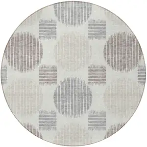 Photo of 8' Ivory Brown And Gray Round Geometric Washable Indoor Outdoor Area Rug