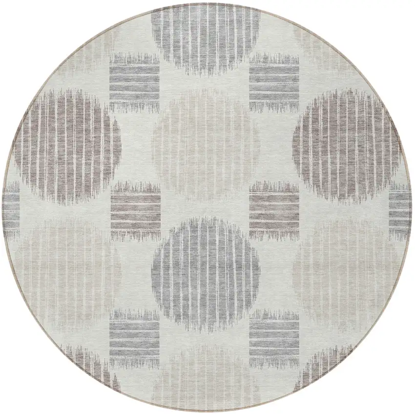 8' Ivory Brown And Gray Round Geometric Washable Indoor Outdoor Area Rug Photo 5