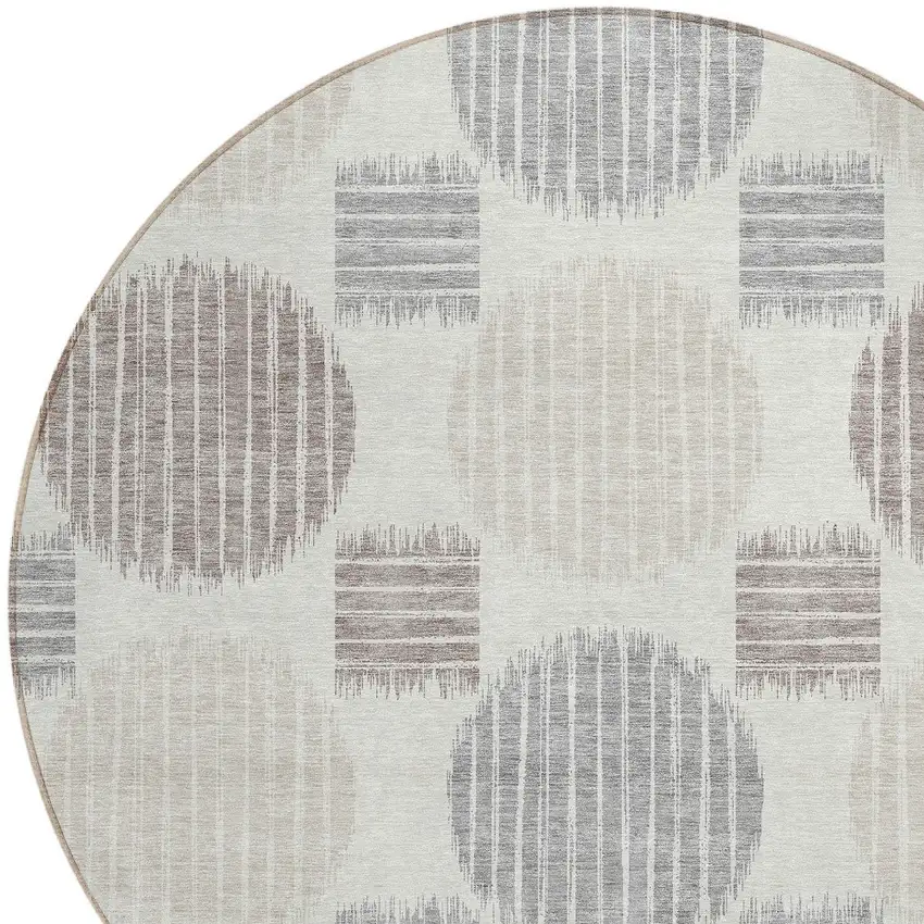 8' Ivory Brown And Gray Round Geometric Washable Indoor Outdoor Area Rug Photo 4
