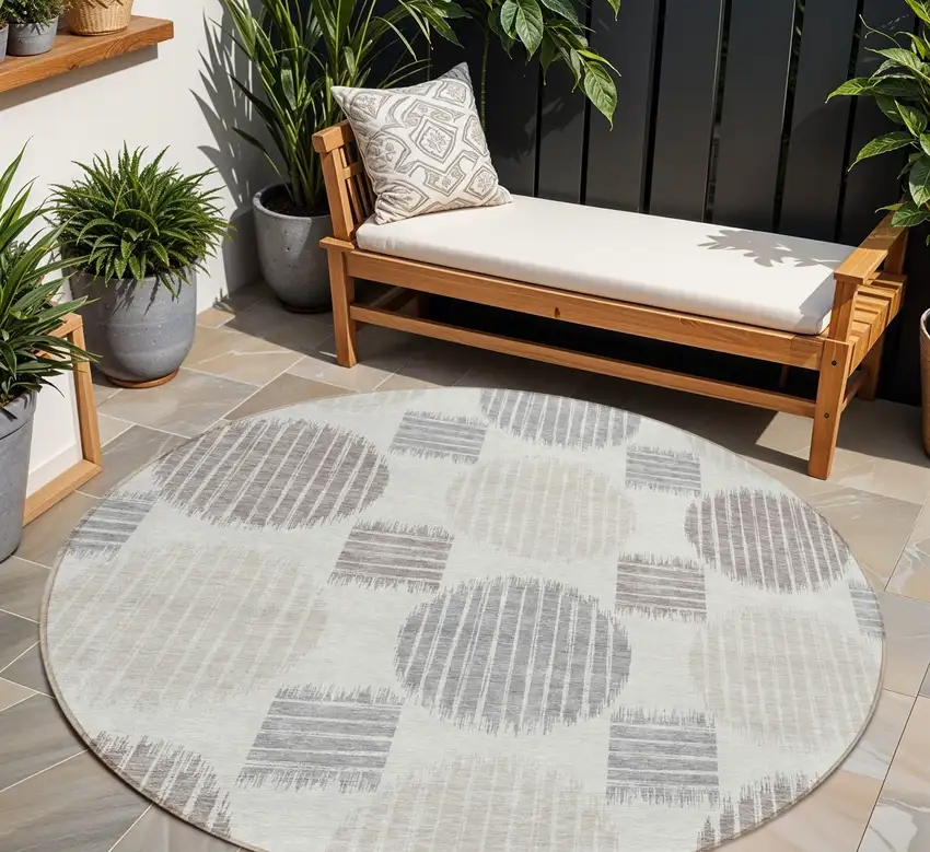 8' Ivory Brown And Gray Round Geometric Washable Indoor Outdoor Area Rug Photo 1