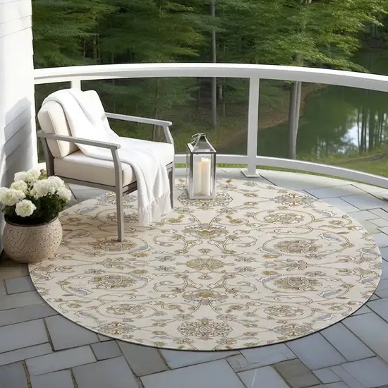 8' Ivory Brown And Gray Round Moroccan Washable Indoor Outdoor Area Rug Photo 7